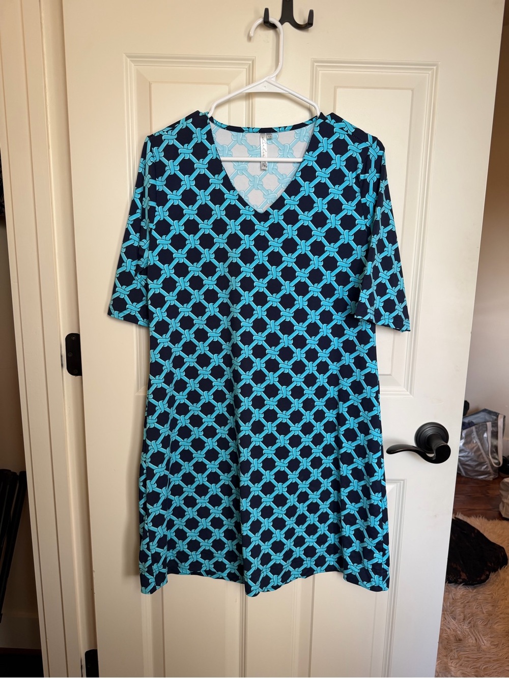 Lulu-B Navy and Turquoise Chainlink Print Midi Dress